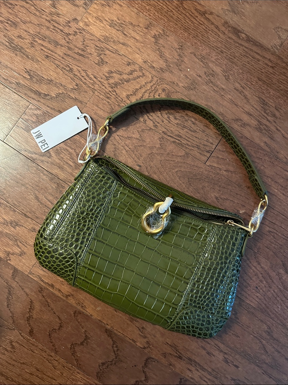 JW PEI Olive Green Croc-Embossed Shoulder Bag with Gold Ring Detail